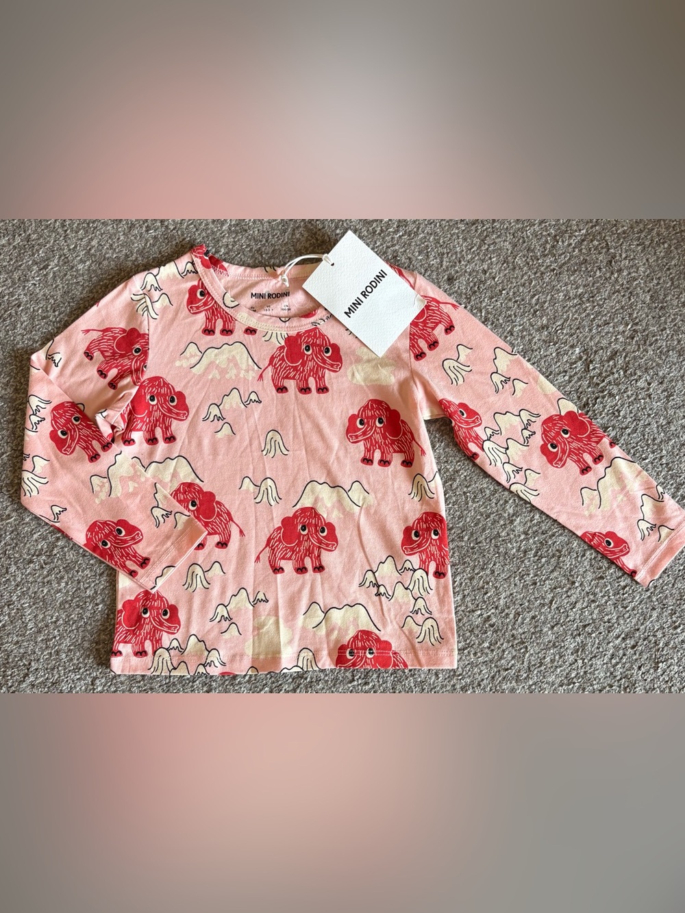 Mini Rodini Pink Top with Red Mammoth Print - Long Sleeve